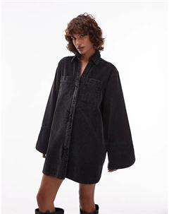 Платье-рубашка мини из вельвета с широкими манжетами и объемными карманами черного цвета Asos design