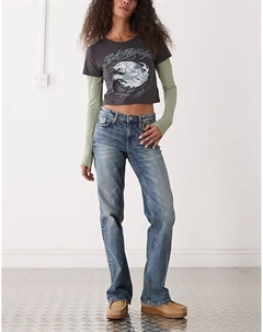 Джинсы Tension облегающего кроя с клешем и заниженной талией, темно-синего цвета с эффектом выцветания Weekday