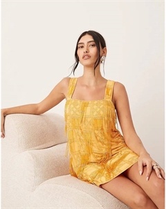 Мини-платье с квадратным вырезом, декорированное сеткой и бахромой оранжевого цвета Arrange