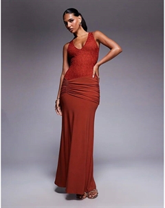 Платье макси с глубоким V-образным вырезом, прозрачным кружевным лифом и юбкой со сборками цвета ржавчины Asos design