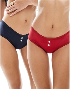 Комплект из 2 шорт-хипстеров с кружевной отделкой и пуговицами красного и темно-синего цветов Asos design