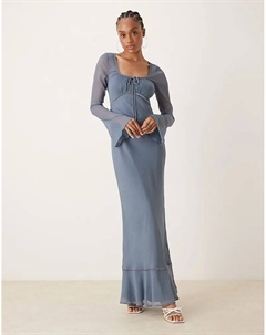 Платье макси DESIGN Tall с длинными рукавами и сборками на груди стального синего цвета Asos