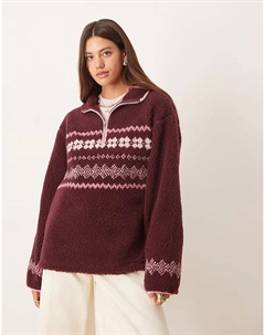 Флисовая кофта с застежкой-молнией до середины бедра и узором «фэйр-айс» в сливовом и розовом цветах Asos design