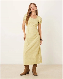 Платье миди с вырезом на спине и рукавами-буфами в оливково-зеленую клетку Glamorous