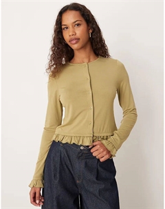 Кардиган на пуговицах с оборкой оливково-зеленого цвета Asos design