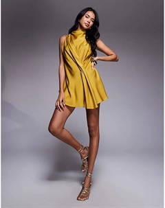 Атласный комбинезон с высоким воротом и драпировкой цвета охры Asos design