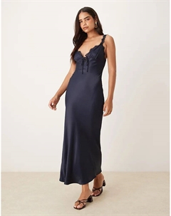 Платье-комбинация макси из атласа с кружевной отделкой темно-синего цвета Asos design