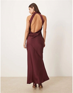 Платье макси из атласа с вырезом-халтер и вырезом-хомутиком на спине в ягодном цвете Asos design