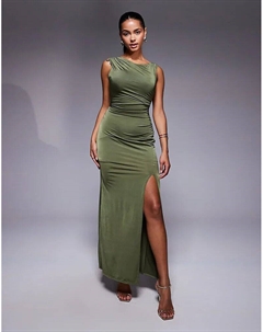 Платье мидакси с открытыми плечами и разрезом на бедре оливкового цвета Tfnc