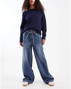 Джинсы с широкими штанинами и завязкой на талии, средне-синего цвета Object