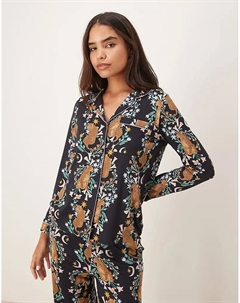 Пижамный комплект Revere из полиэстера с длинными рукавами, с принтом в виде тигра и ботанического тигра. Chelsea peers