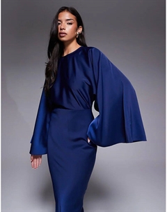 Платье макси из текстурированного атласа с рукавами «летучая мышь» и косой талией, темно-синего цвета Asos design