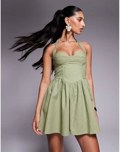 Мини-платье принцессы Полли Лайл с вырезом халтер и корсетом оливкового цвета Princess polly