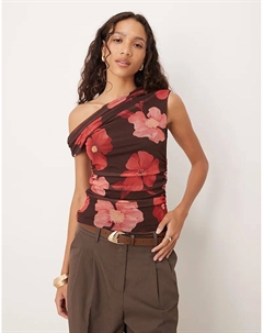 Асимметричный сетчатый топ с коричнево-розовым цветочным принтом Mango