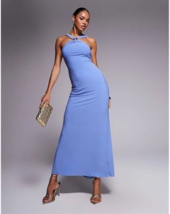 Платье макси с отделкой халтер и перекрученной спинкой синего цвета Asos design