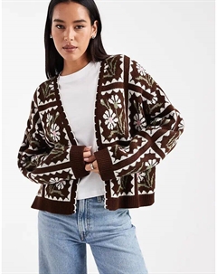 Мисс Селфридж вязаный открытый кардиган с цветочным принтом шоколадного цвета Miss selfridge