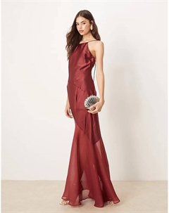 Платье макси из атласа DESIGN с вставками и шифоновой юбкой вишневого цвета Asos