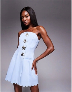 Мини-платье-бандо с фестончатым краем и золотыми пуговицами-ракушками нежно-голубого цвета из ткани в стиле «скуба» Asos design