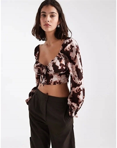 Коричневая кофточка с длинными рукавами и принтом коровы New look