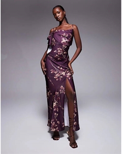 Платье миди из атласа с драпировкой, оборками и асимметричной спинкой с бордовым цветочным принтом Asos design