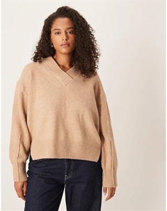 Джемпер свободного кроя с V-образным вырезом и разрезами по бокам DESIGN Curve цвета овсянки Asos