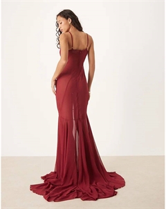 Длинное платье-комбинация из шифона с вырезом и декоративными швами бордового цвета Asos design