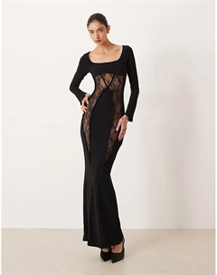 Платье макси с длинными рукавами и кружевными вставками черного цвета Asos design