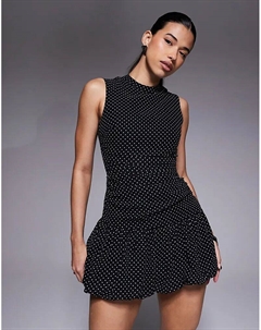 Эксклюзивное платье без рукавов от Frolic с высоким воротом, плиссировкой и заниженным подолом в черный горошек The frolic