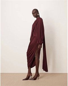 Платье миди с драпировкой и спущенными плечами, со шлейфом сзади, бордового цвета Arrange