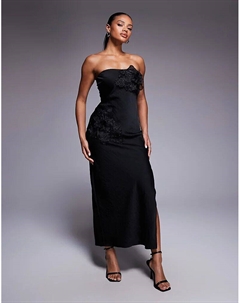 Платье-бандо макси с цветочной аппликацией черного цвета Asos design