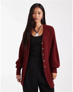 Удлиненный кардиган с V-образным вырезом и отделкой на талии из пушистой пряжи бордового цвета Asos design