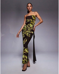 Эксклюзивное двухслойное облегающее сетчатое платье-бандо с завязками по бокам и драпировкой в ​​коричнево-желтых тонах с цветочным принтом Kaiia