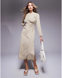 Платье миди из стираного твила с круглыми деталями по бокам, цвет «кислотная стирка» Asos design