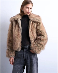 Куртка-бомбер с полосками из искусственного меха и застежкой-молнией светло-коричневого цвета Topshop