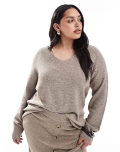 Curve свободный ребристый джемпер с V-образным вырезом бежевого цвета Only