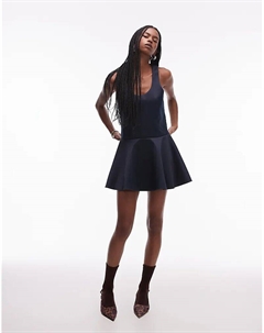 Атласное мини-платье с круглым вырезом и юбкой-солнце темно-синего цвета Asos design