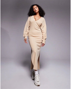 Супермягкое платье макси с V-образным вырезом, цвет «песок» Asos design