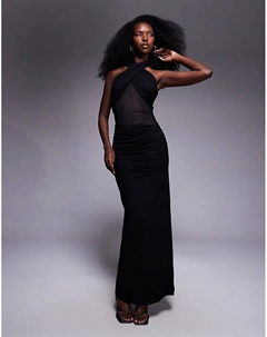 Платье макси с бретелью через шею и сетчатой ​​вставкой черного цвета Asos design