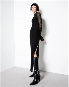 Платье миди Blonde с кружевом и длинными рукавами, черное Bershka