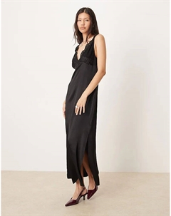 Платье миди из атласа с V-образным вырезом и кружевом, черное Asos design