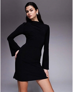 Мини-платье с драпировкой, высоким воротом, длинными рукавами и юбкой-трапецией черного цвета Asos design