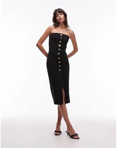 Платье-бандо миди плотного трикотажа с выразительными пуговицами черного цвета Mango