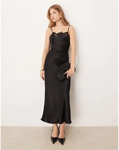 Платье-комбинация макси из атласа с кружевной отделкой черного цвета Asos design