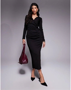 Платье-рубашка макси с длинными рукавами и драпировкой черного цвета Asos design