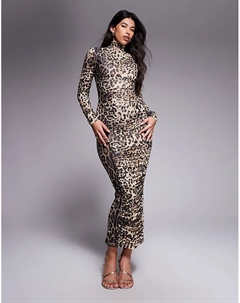 Платье макси Too Good с высоким воротом, облегающее, с сеткой, с леопардовым принтом Ruched & ready