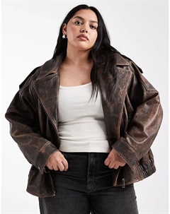 Свободная байкерская куртка DESIGN Curve из кожи с потертостями и стеганой подкладкой коричневого цвета Asos