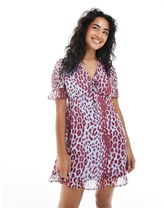 Мини-платье с леопардовым принтом и V-образным вырезом в синих и бордовых тонах Wednesday's girl