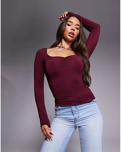 Двухслойный лонгслив с длинными рукавами и вырезом сердечком бордового цвета Asos design