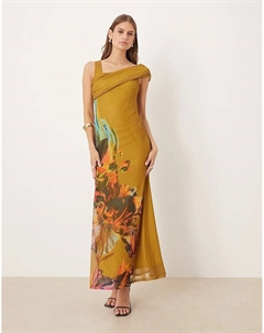 Платье миди с открытыми плечами из сетчатого материала с принтом зеленого цвета с цветочным принтом Asos design