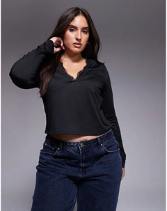 Облегающий лонгслив с длинными рукавами и глубоким V-образным вырезом DESIGN Curve с кружевом черного цвета Asos